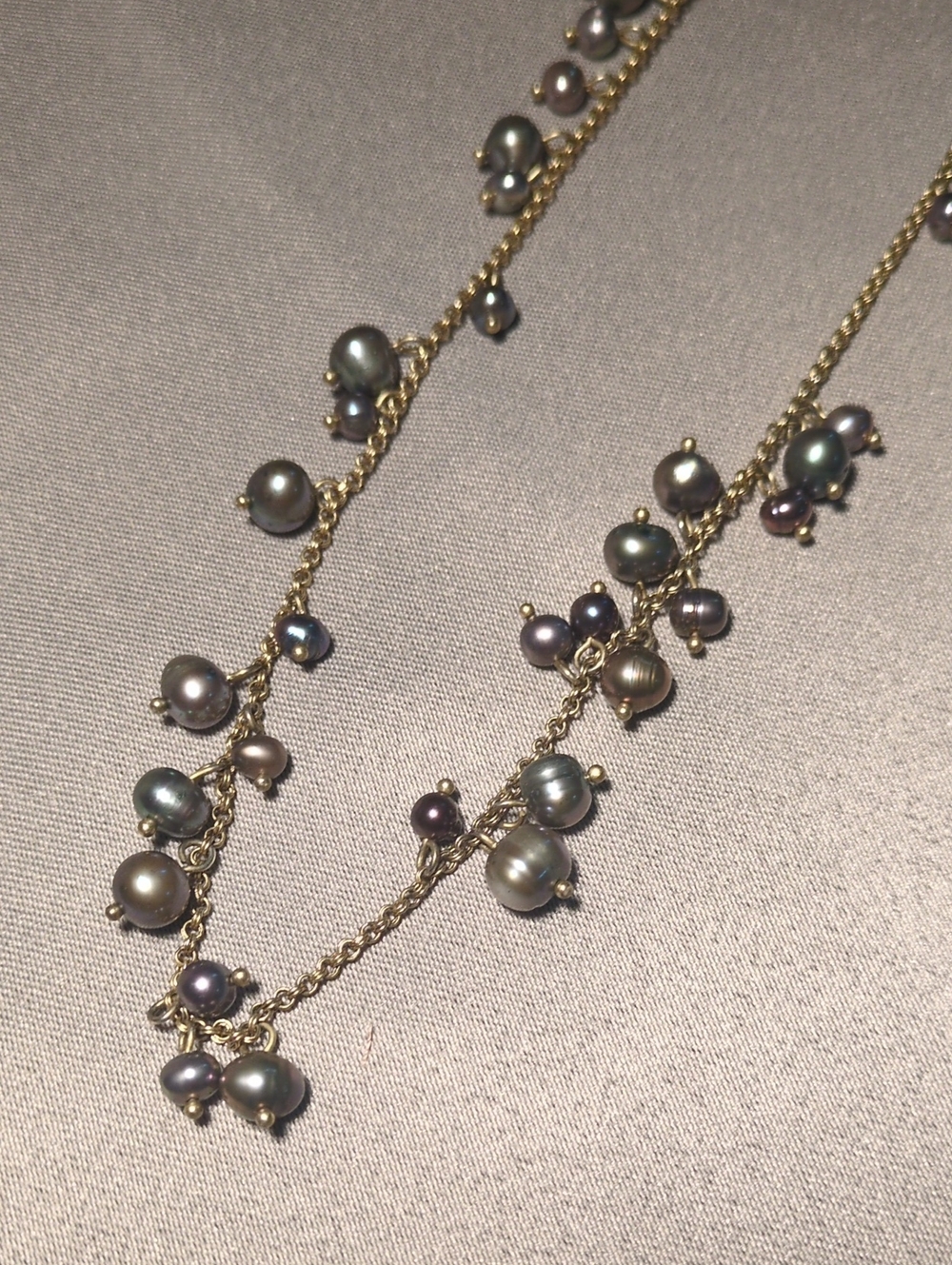 Goldtone Chain Necklace with Gray and Peacock Pearl Drops
